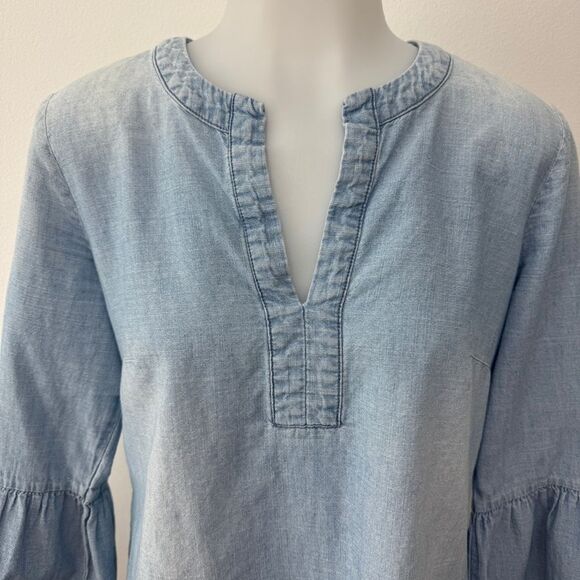 J. Crew Top Chambray Split Neck Long Bell Sleeve Blouse Size XS - Picture 5 of 10